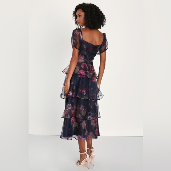 Oh-So Stunning Navy Blue Floral Organza Tiered Midi Dress - Picture 2 of 3
